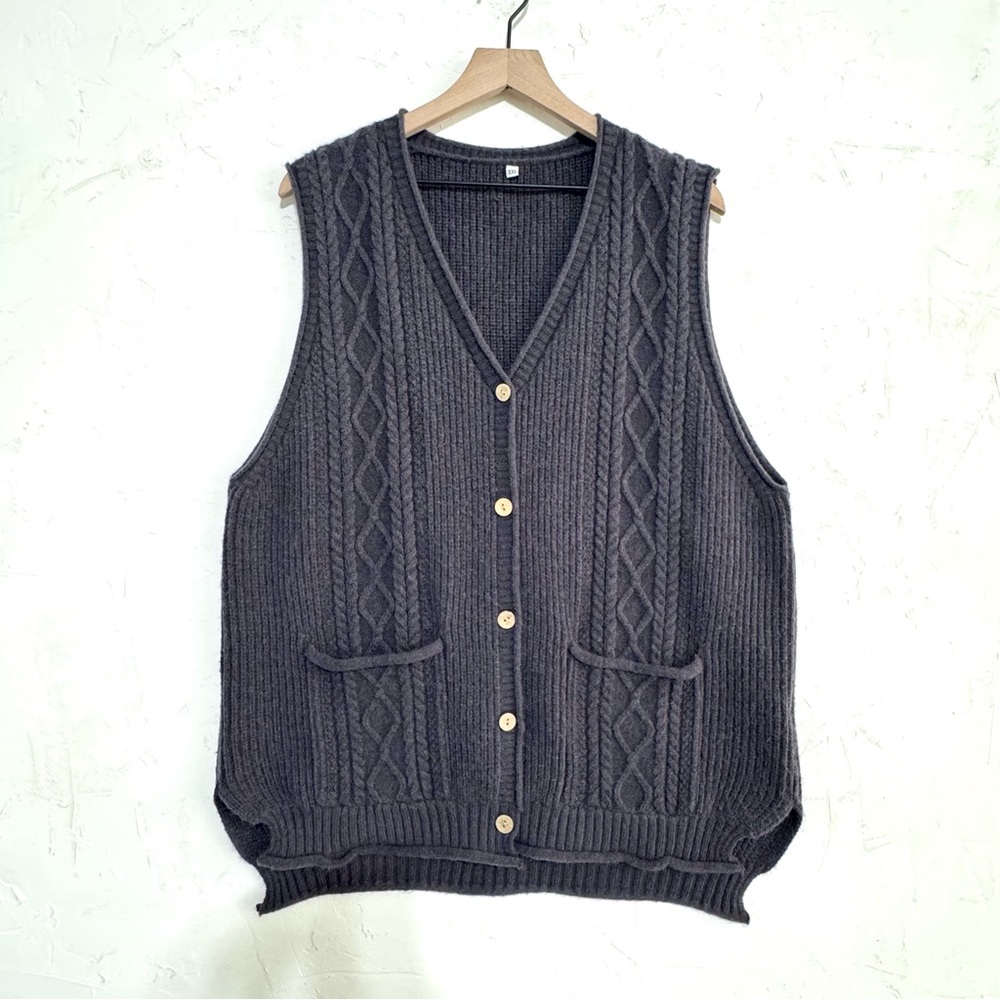 Lightweight Cable Knit Vest Charcoal Gray Oversized Button Up Spring Layering